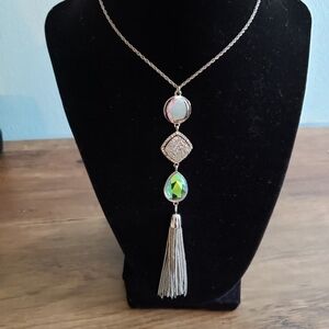 Drop Tassel  Green and Silver Tone Necklace